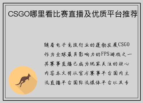 CSGO哪里看比赛直播及优质平台推荐